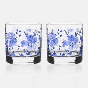 Vaso De Whiskey Atractiva impresión floral azul Whiskey Glass Set