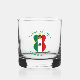 Vaso De Whiskey Bandera de Navidad Ángel Mexicano Texto Personaliz
