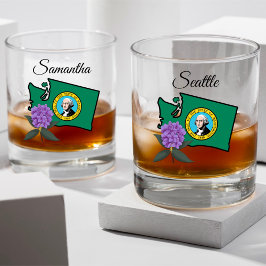 Vaso De Whiskey Bandera de Washington y Flor Pacífico Rododendros
