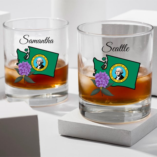 Vaso De Whiskey Bandera de Washington y Flor Pacífico Rododendros (Subido por el creador)