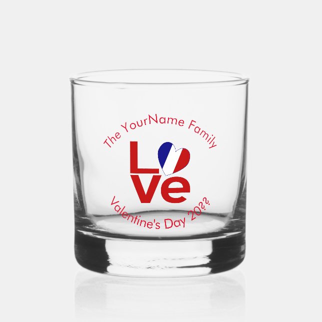Vaso De Whiskey Bandera Francesa Letras Rojas LOVE Personalizadas (Anverso)