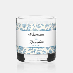 Vaso De Whiskey Boda con borde floral de Toile de Jouy azul chic