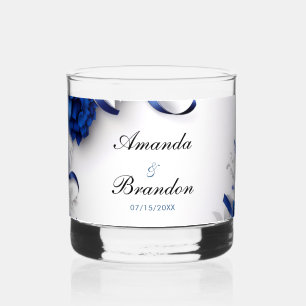 Vaso De Whiskey Boda de cintas de flores azules y plateadas de la