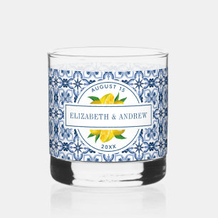 Vaso De Whiskey Boda de mosaico azul de limón mediterráneo