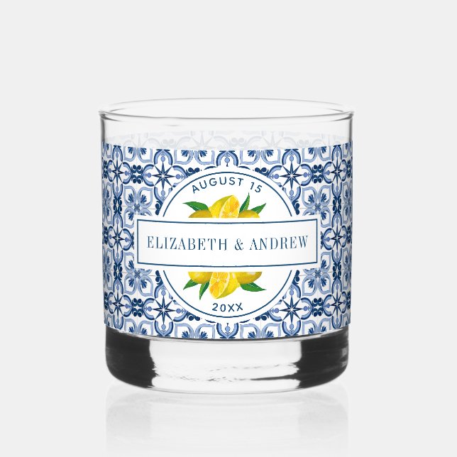 Vaso De Whiskey Boda de mosaico azul de limón mediterráneo (Anverso)