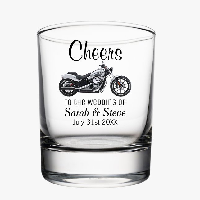 Vaso De Whiskey Boda temática de motocicletas Favor de la fecha (Cheers Wedding Motorcycle Bride and Groom Gift Whiskey Glass)