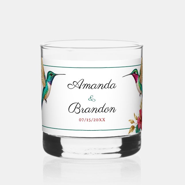 Vaso De Whiskey Bodas de flores tropicales rojas con colibríes vol (Anverso)