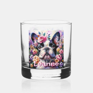 Vaso De Whiskey Bulldog francés con Rosas floral personalizado