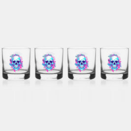 Vaso De Whiskey Calavera Floral al Estilo Vaporwave