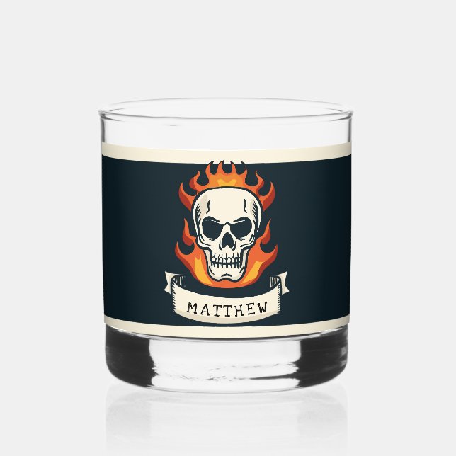 Vaso De Whiskey Calavera quemada personalizada con nombre (Anverso)