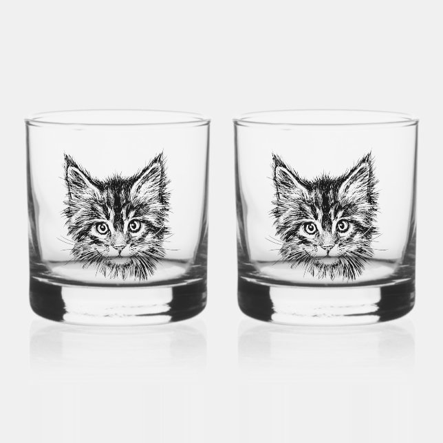 Vaso De Whiskey Cara de gatito negro y blanco (Anverso)