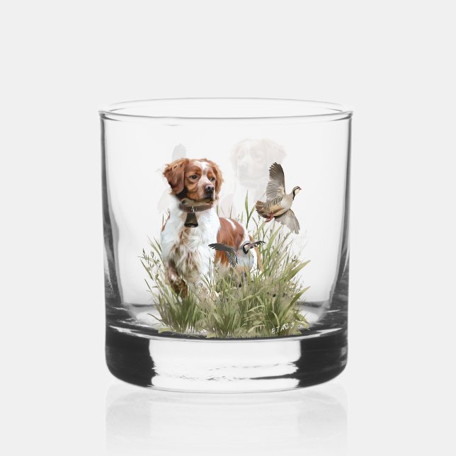 Vaso De Whiskey Cazando con un perro de Bretaña, arte (Anverso)