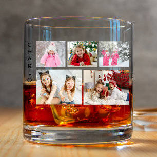 Vaso De Whiskey Cinco Collage de Fotos Nombre Personalizado