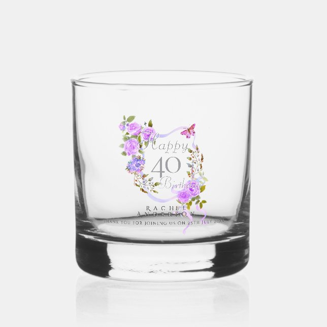 Vaso De Whiskey Cinta de Rosa Púrpura Cumpleaños 40 (Anverso)