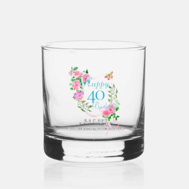 Vaso De Whiskey Cinta de rosa rosa cumpleaños 40 (Anverso)