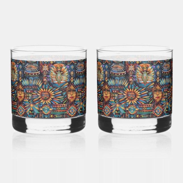Vaso De Whiskey Cobalto ancestral "Tapiz precolombino" Roca Gl (Anverso)