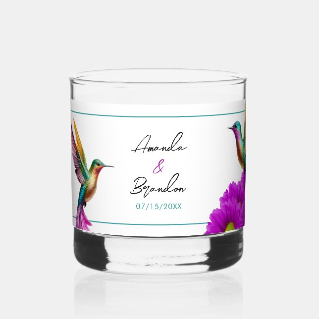 Vaso De Whiskey Colorful Hummingbirds Purple Daisies Wedding (Anverso)