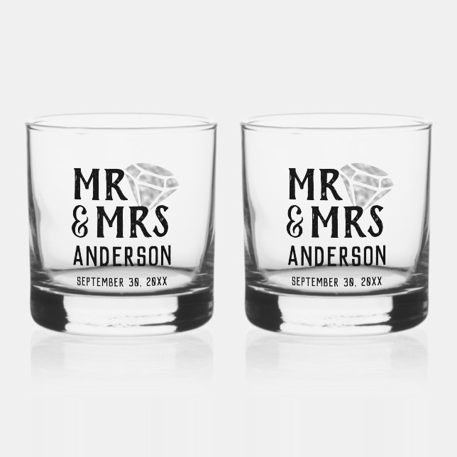 Vaso De Whiskey Conjunto de vidrio Rocks Personalizado Mr & Mrs (Anverso)