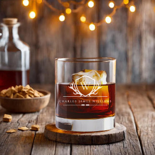 Vaso De Whiskey Crest de Ciervo Monograma   Personalizado con Eleg