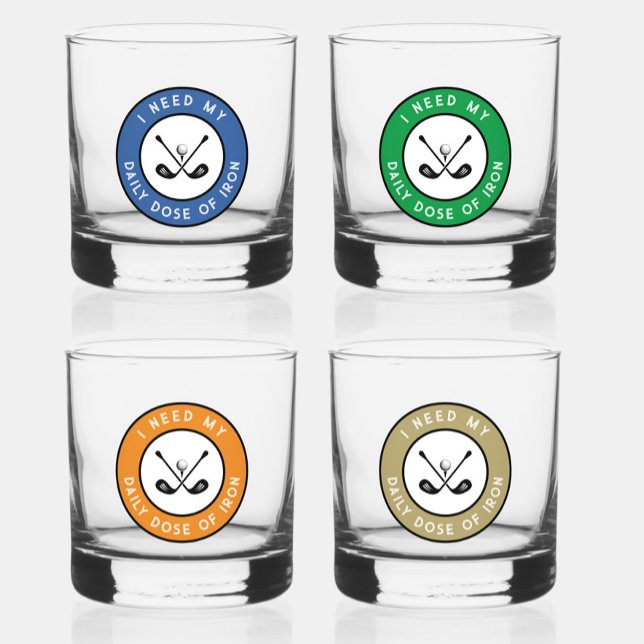 Vaso De Whiskey Deportes de hierro de golf únicos para el jugador  (Fun Golfer Humor Golf Iron Sports Pro Royal Blue, Green, Orange & Gold Whiskey Glass Set of Four)