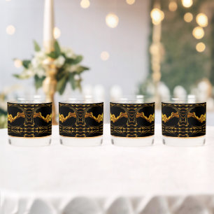 Vaso De Whiskey Diseño Monocromo Negro Oro Líquido Remolino Opulen
