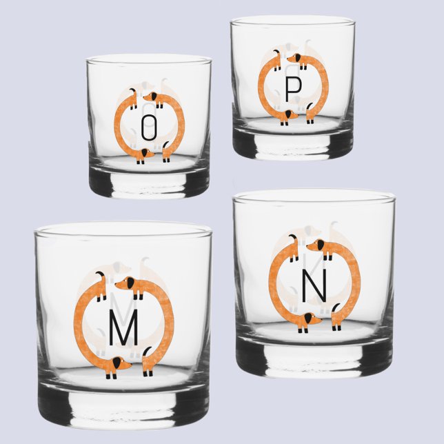 Vaso De Whiskey Diversión Dachshund Wiener Salchicha Dog Monograma (Fun Dachshund Wiener Sausage Dog monogram initial personalized glasses)