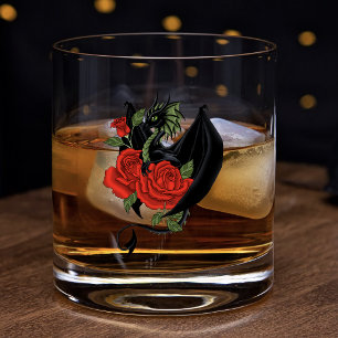 Vaso De Whiskey Dragón Negro Místico Rosas Rojas Lavanda Gótico
