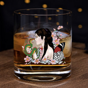 Vaso De Whiskey Dragón Serenidad Flor de Cerezo Hada Asiática