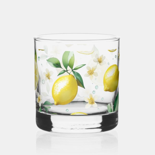 Vaso De Whiskey ducha de novia moderna con flores azules y limón e (Izquierda)