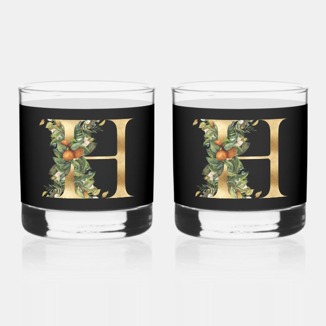 Vaso De Whiskey Elegante decoración dorada inicial H con vegetació (Anverso)