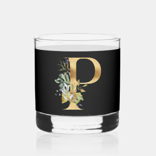 Vaso De Whiskey Elegante decoración dorada inicial P con vegetació