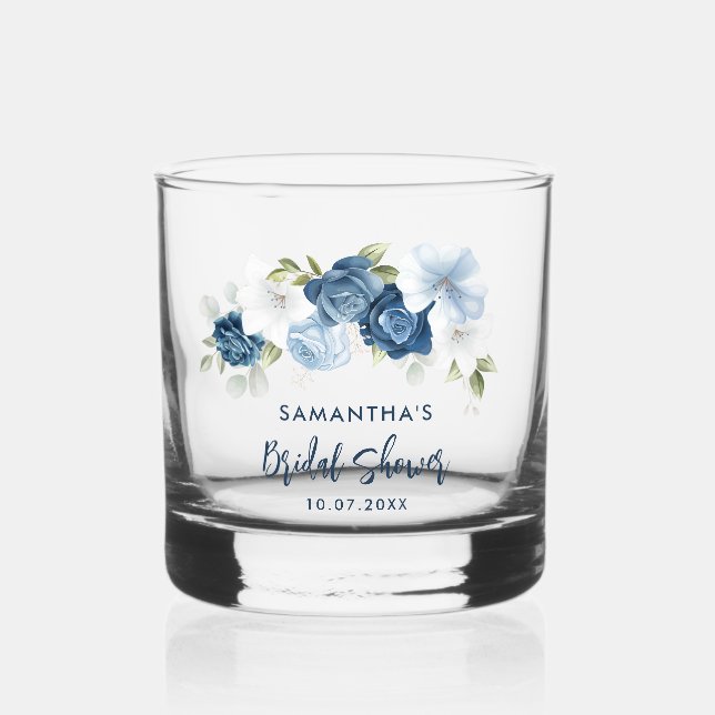 Vaso De Whiskey Elegante Polvo Azul Floral Script Bridal Shower (Anverso)