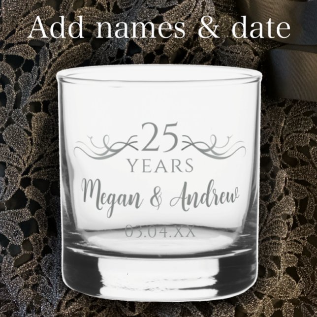 Vaso De Whiskey Elegante y personalizado regalo de aniversario 25  (Create a one-of-a-kind personalized keepsake glass for a silver 25th wedding anniversary gift. 
)