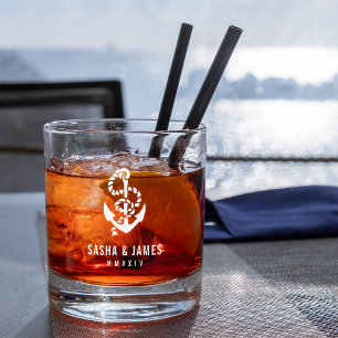 Vaso De Whiskey Favor de la boda naval y náutica blanca