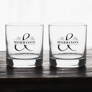 Vaso De Whiskey Favor de la boda Sr. Sra. Black White