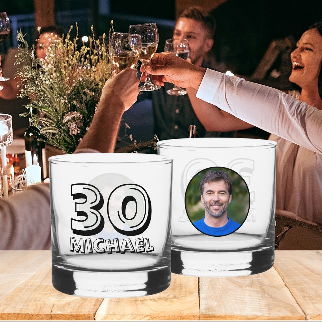 Vaso De Whiskey Feliz 30 cumpleaños, nombre y foto (Front And Back)