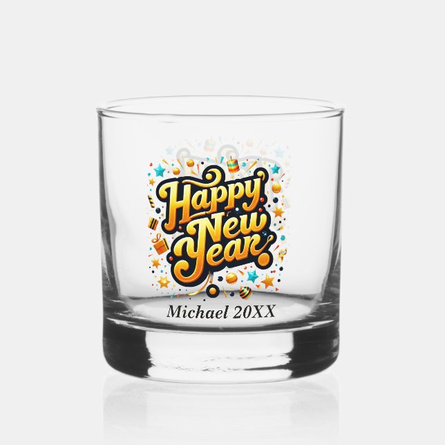 Vaso De Whiskey Feliz Año Nuevo añadir nombre (Anverso)