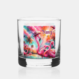 Vaso De Whiskey Flamencos rosados tropicales palmeras personalizad