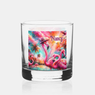 Vaso De Whiskey Flamencos rosados tropicales palmeras personalizad