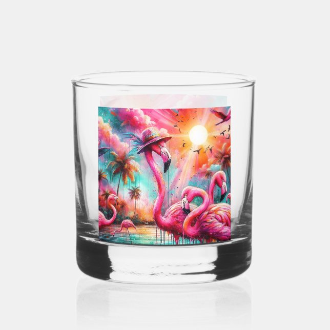 Vaso De Whiskey Flamingos rosados tropicales Palmeras Agua Verde a (Anverso)