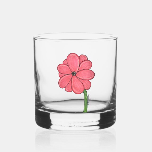 Vaso De Whiskey Flor rosa llena con fondo azul (Anverso)