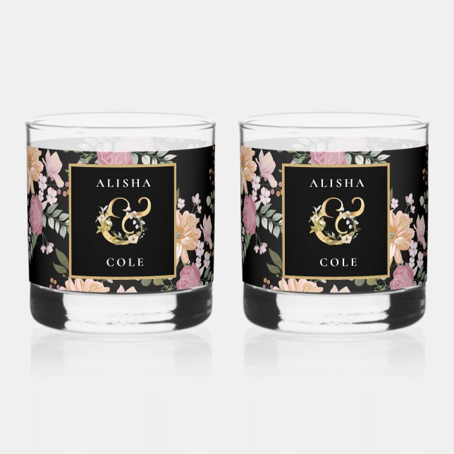 Vaso De Whiskey Flores de verano en Boda negro (Anverso)