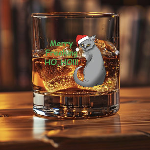 Vaso De Whiskey Gato Gris Divertido Gruñón Navidad Humor Festivo