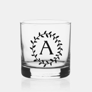 Vaso De Whiskey Guirnalda de hoja inicial negra de monograma 4AJ