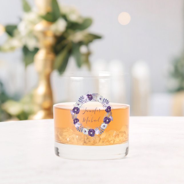 Vaso De Whiskey Guirnalda floral de acuarela púrpura y plata (Insitu (Boda))