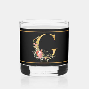 Vaso De Whiskey Hermoso Monograma de Oro Decorado con Flor Rosa