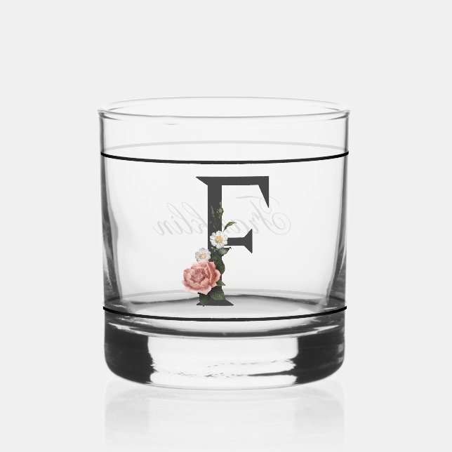 Vaso De Whiskey Hermoso Monograma F negro con flor rosa (Anverso)