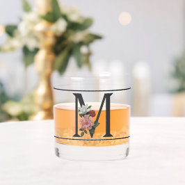 Vaso De Whiskey Hermoso Monograma Negro Decorado con Flor Rosa M