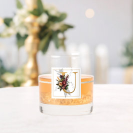 Vaso De Whiskey Hermoso Monograma U con decoración de oro floral o