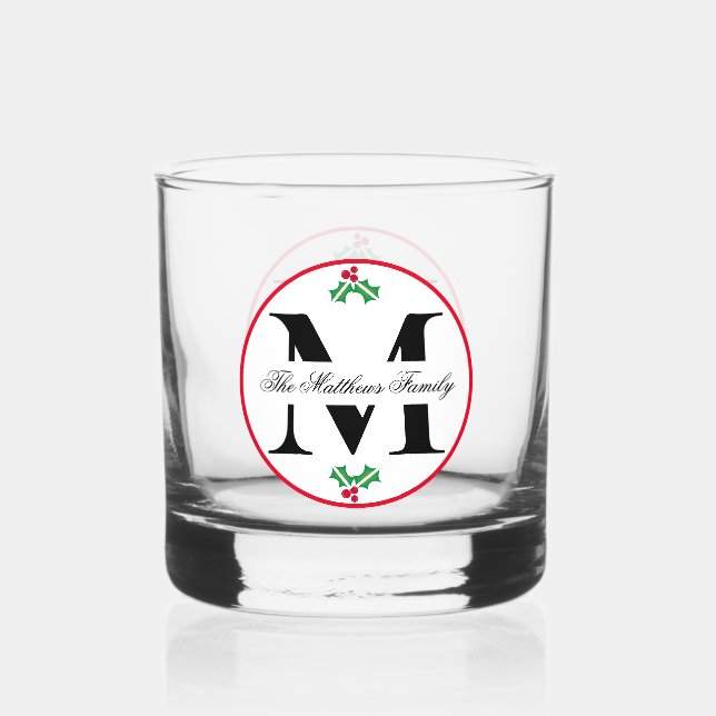 Vaso De Whiskey Holly Berries Navidades Holiday Monogram Familia (Anverso)
